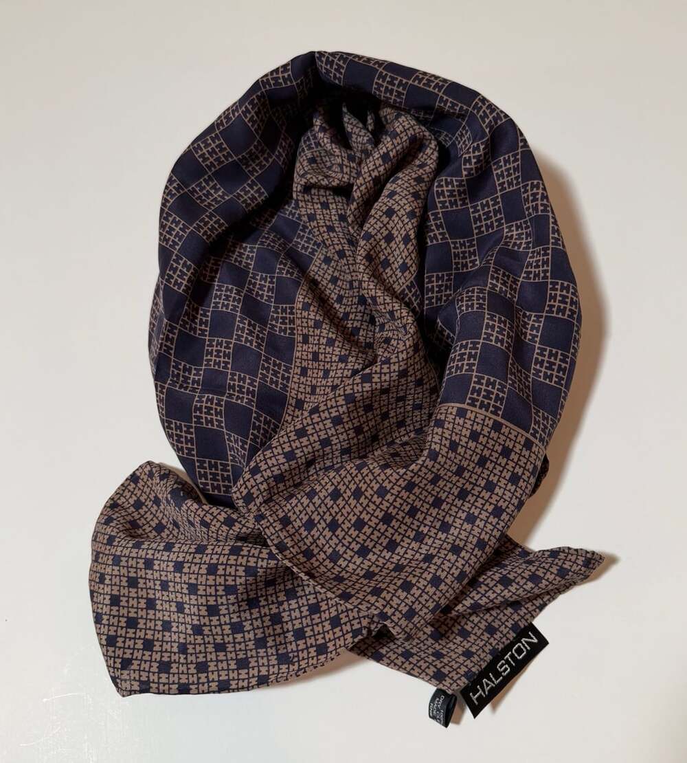 Halston Vintage Silk Scarf Navy Blue Beige Geometric Pattern